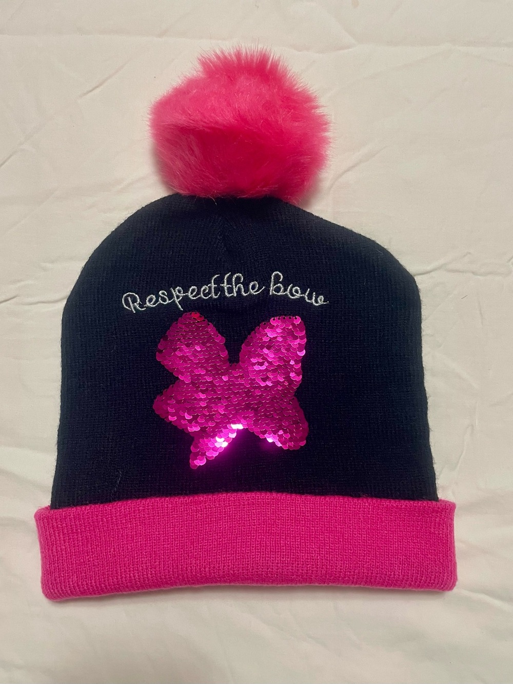 Respect The Bow Sequined Minnie Knit Beanie Hat Black Pink Pom Pom